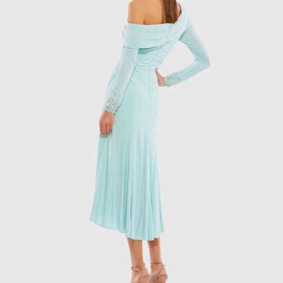 NWT Mac Duggal Powder Blue One-Shoulder Long Sleeve Midi Dress Size 2 - Picture 4 of 7
